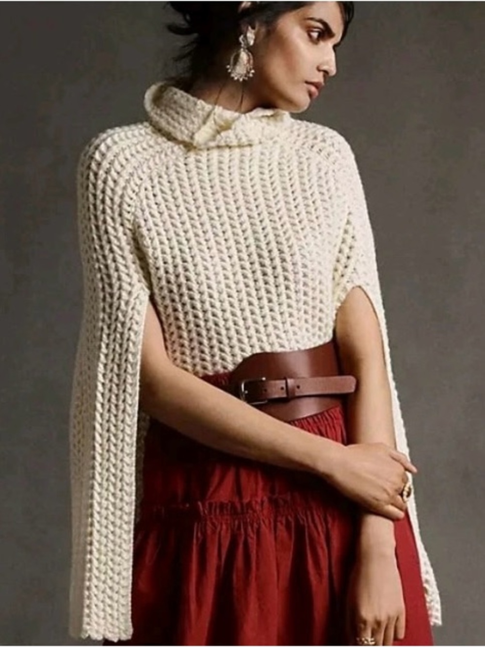 Anthropologie Cream Crochet Cape Sweater bell sleeved poncho one size